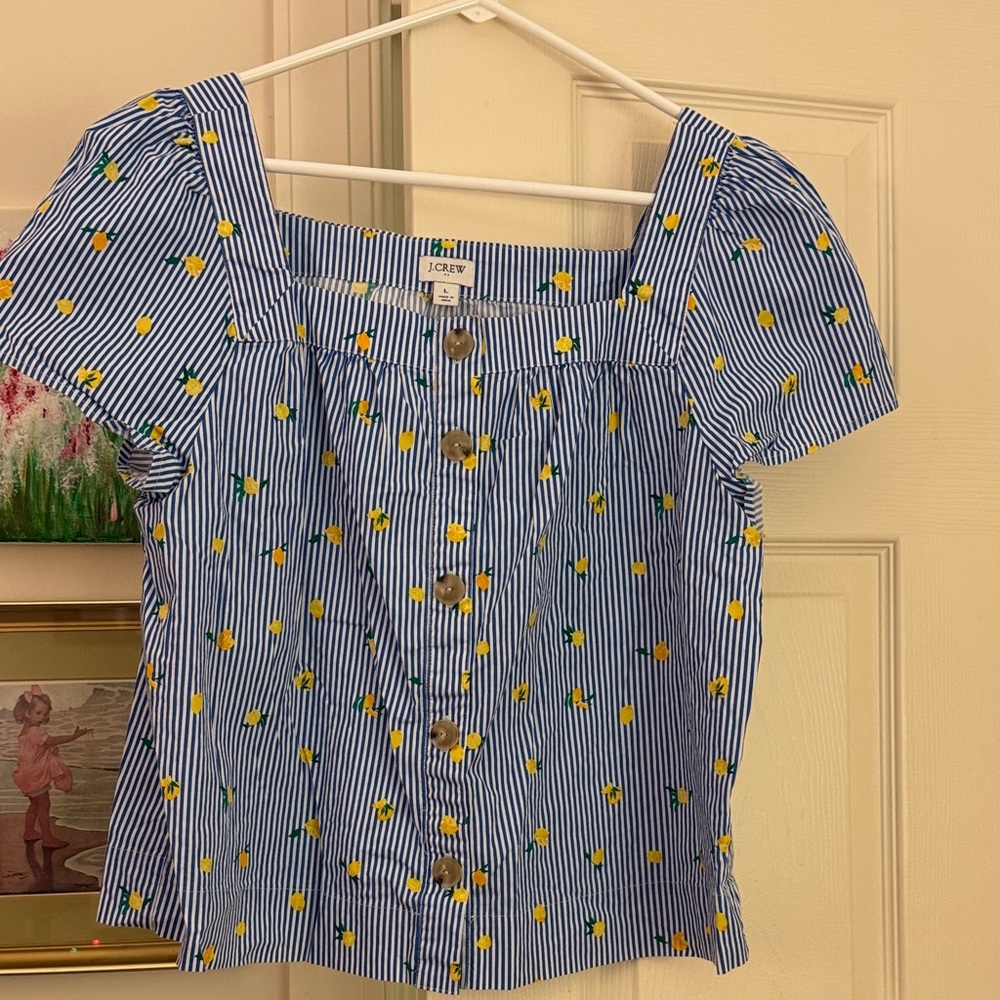 J. Crew Blue & White Striped Lemon Print Button-Up Top
